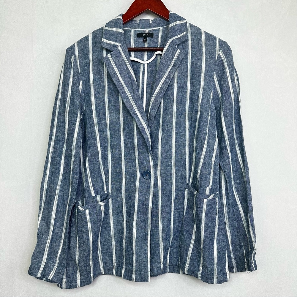 DREW Striped Linen Rikki Blazer Open Long Sleeve Blend Jacket Preppy Style Blue